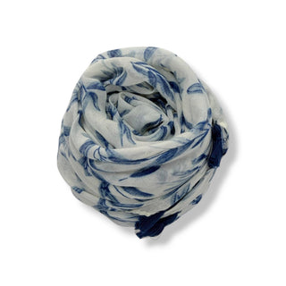 Blue Leaf Print Scarf with Tassels