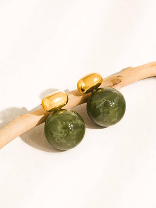Green Marble Ball 18K Gold Earrings