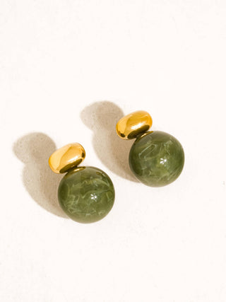 Green Marble Ball 18K Gold Earrings