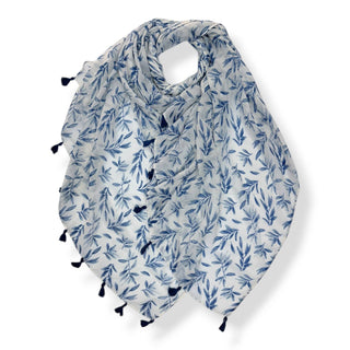 Blue Leaf Print Scarf with Tassels